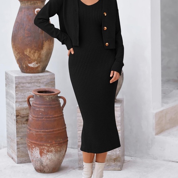 BTFBM Dresses & Skirts - Elegant Black Ribbed Knit Dress with Cardigan